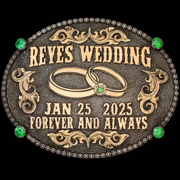 "Keep the Memory of your Big Day close with our Fallbrook Custom Belt Buckle. This Buckle is crafted on a matted, German Silver base with our signature antique finish. Details such as the berry edge, 4 cubic zirconia stones, and Jeweler's Bronze scro